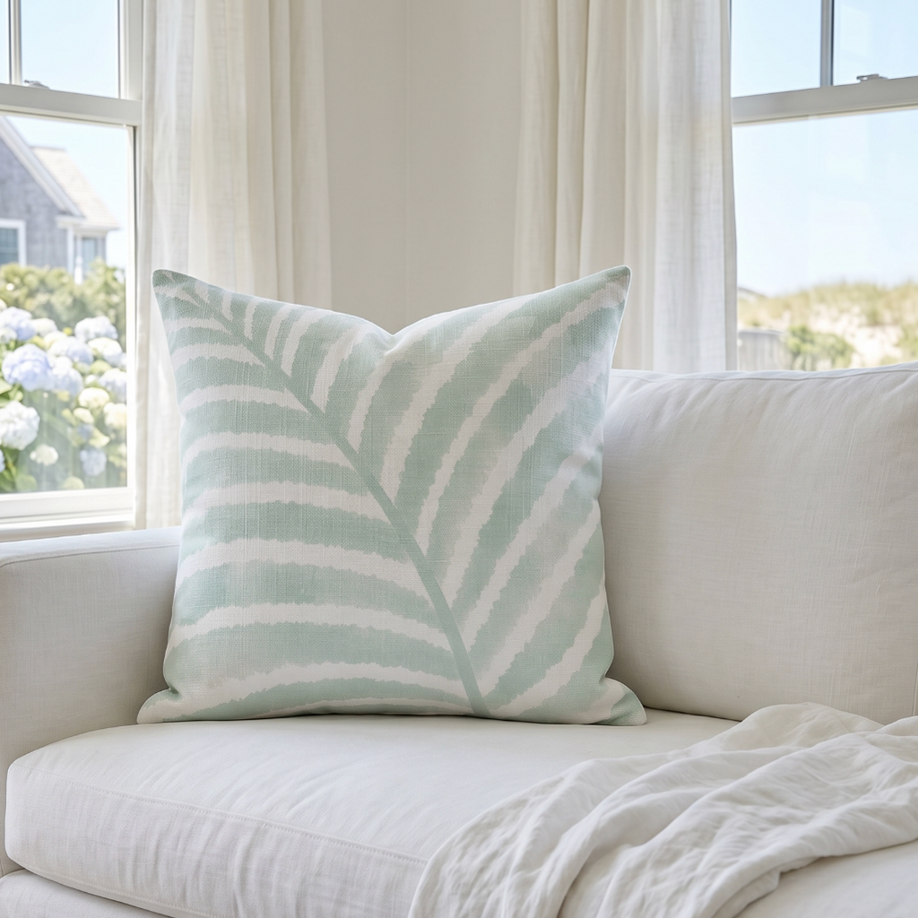 Elegant mint green pillow with a palm leaf design for sofa or bed decor.