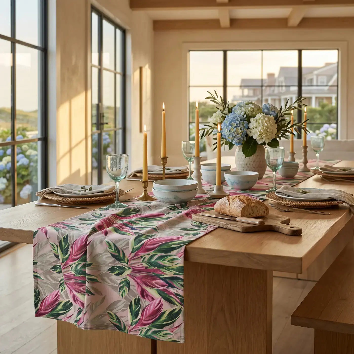 Tropical floral table runner styled for summer entertaining in a beach house