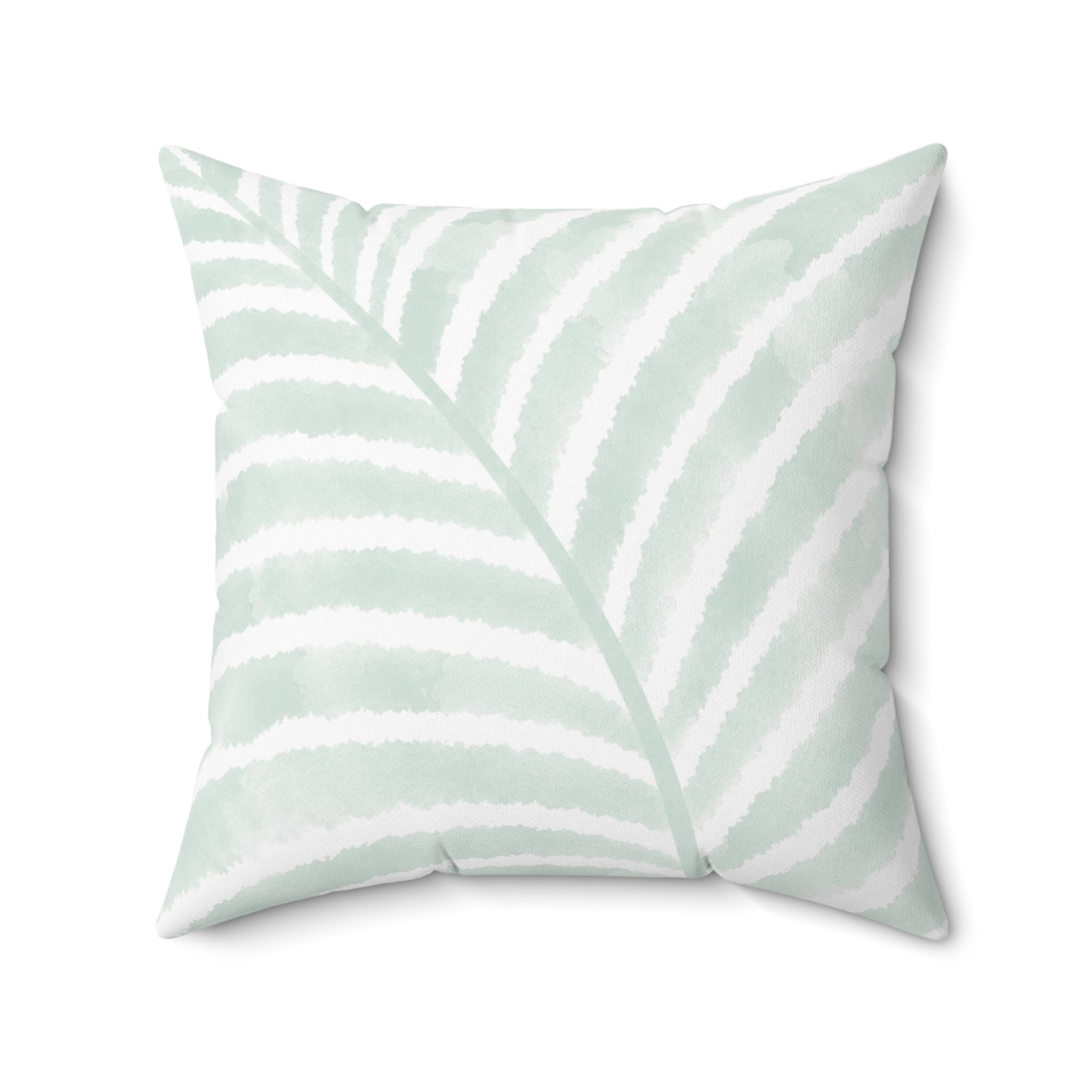 Coastal decorative pillow featuring a mint palm leaf pattern in a fresh beach-inspired style.