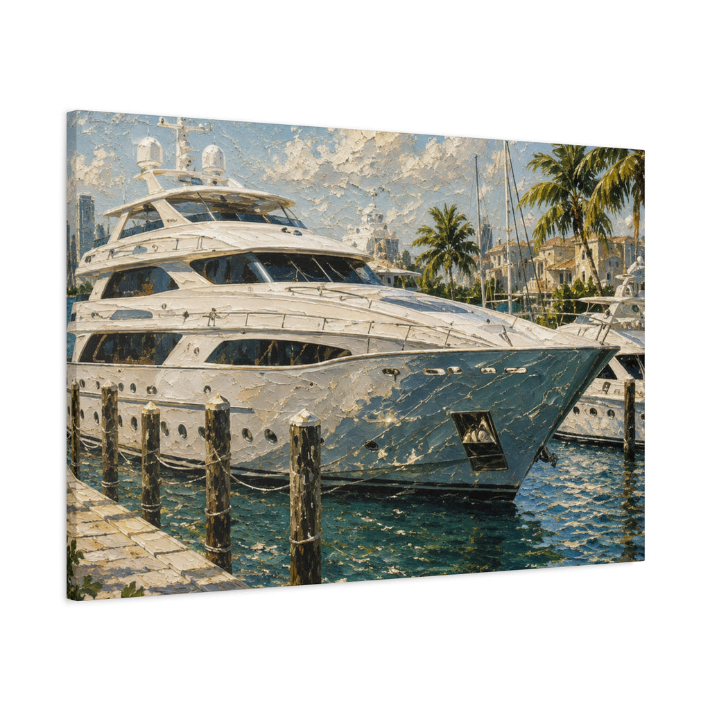 Miami yacht harbor canvas print with boats and water for nautical inspired home decor.