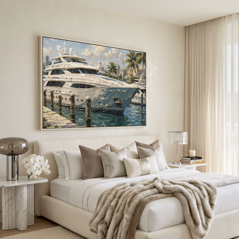 Tropical Miami yacht canvas wall art adding vibrant coastal color to trendy apartment decor.