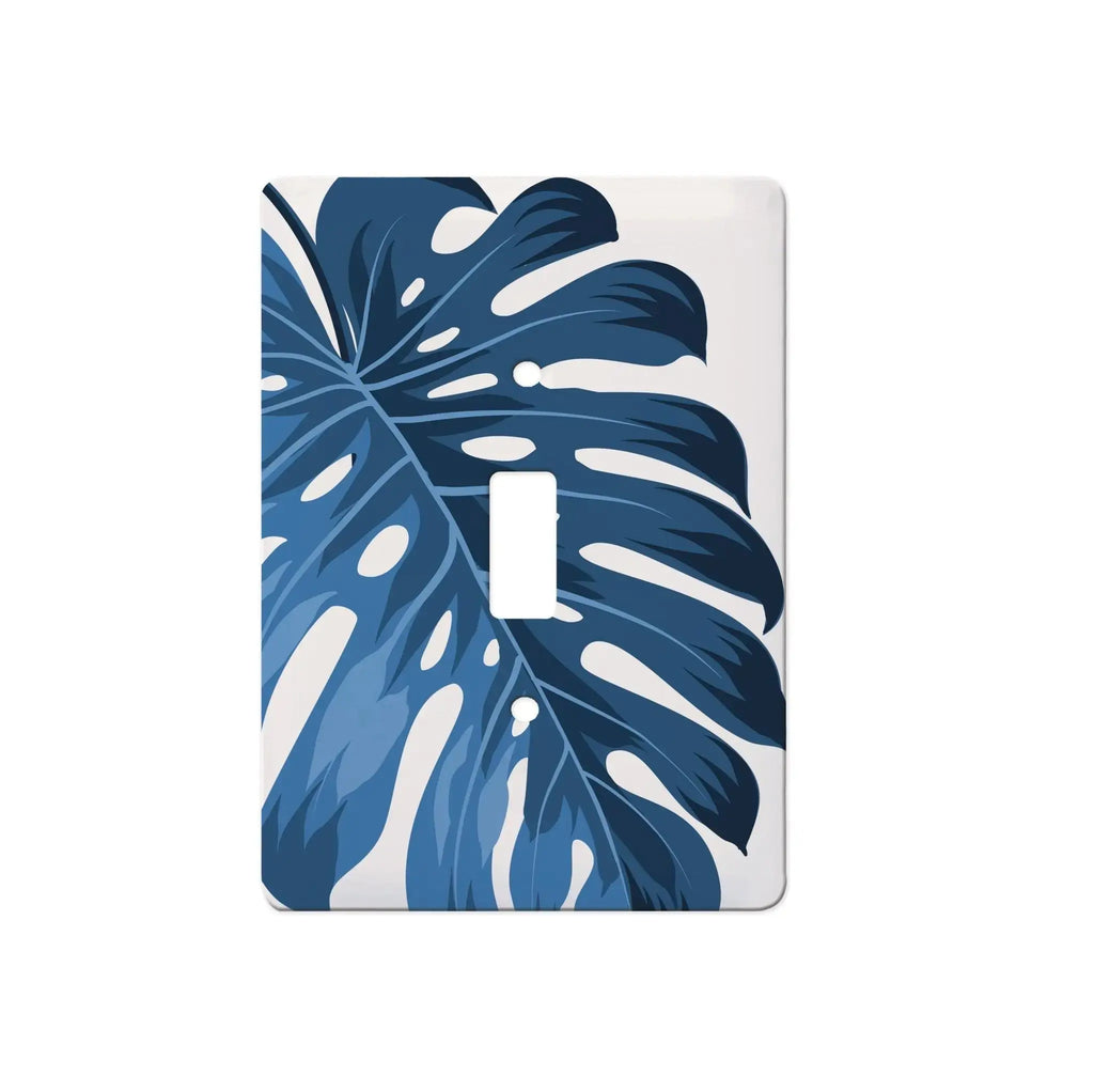 Blue monstera ceramic switch plate cover with tropical leaf design