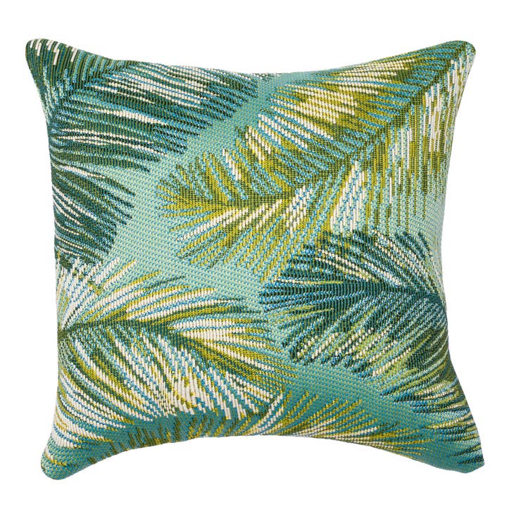 Aqua palm leaf indoor outdoor pillow with tropical coastal design