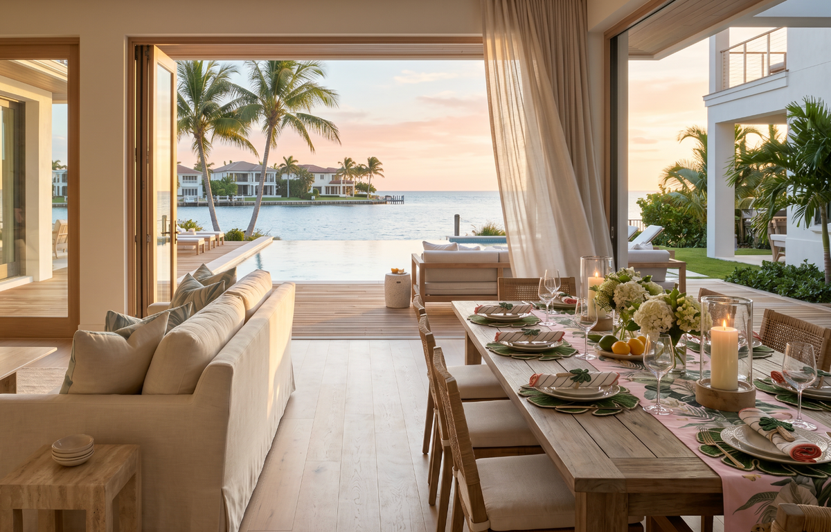 Tropical coastal collection styled for summer entertaining with bright table runners and throw pillows