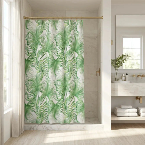 Coastal beach house bathroom with palm leaf patterned curtain