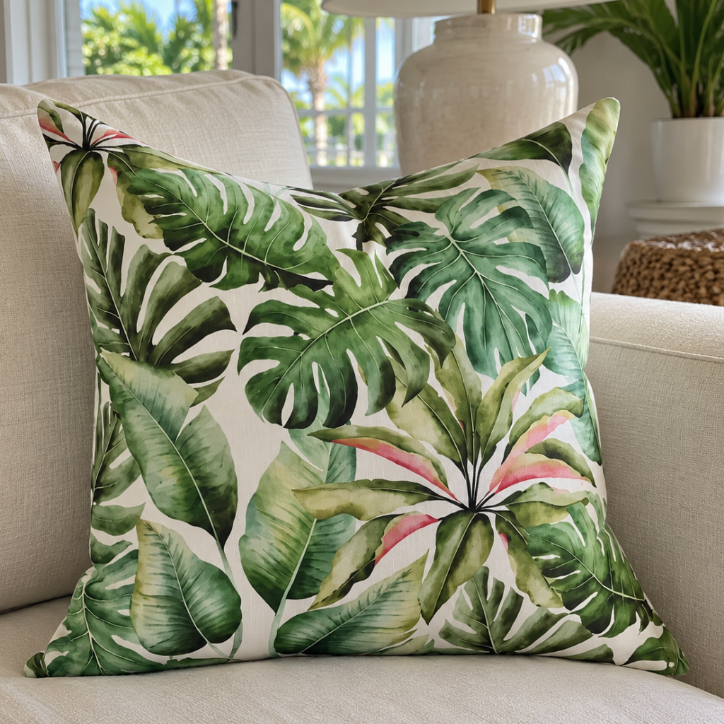 Tropical palm accent pillow adding a fresh touch to a luxury beach house.