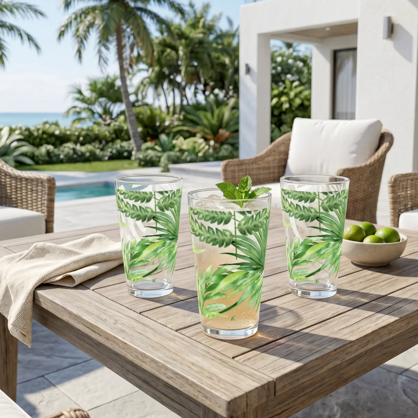 Tropical drinking glasses filled with colorful cocktails on a beach-style bar