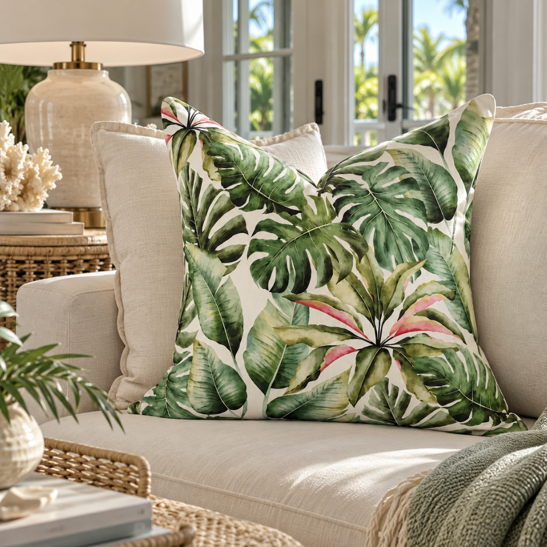 Decorative throw pillow featuring a tropical palm leaf pattern.