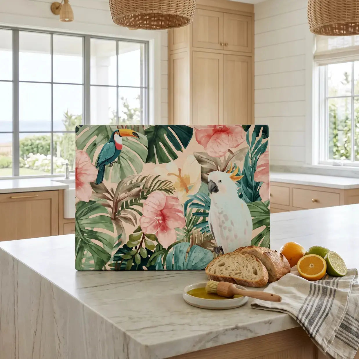 Tempered glass Palm Forest cutting board with tropical palm print.