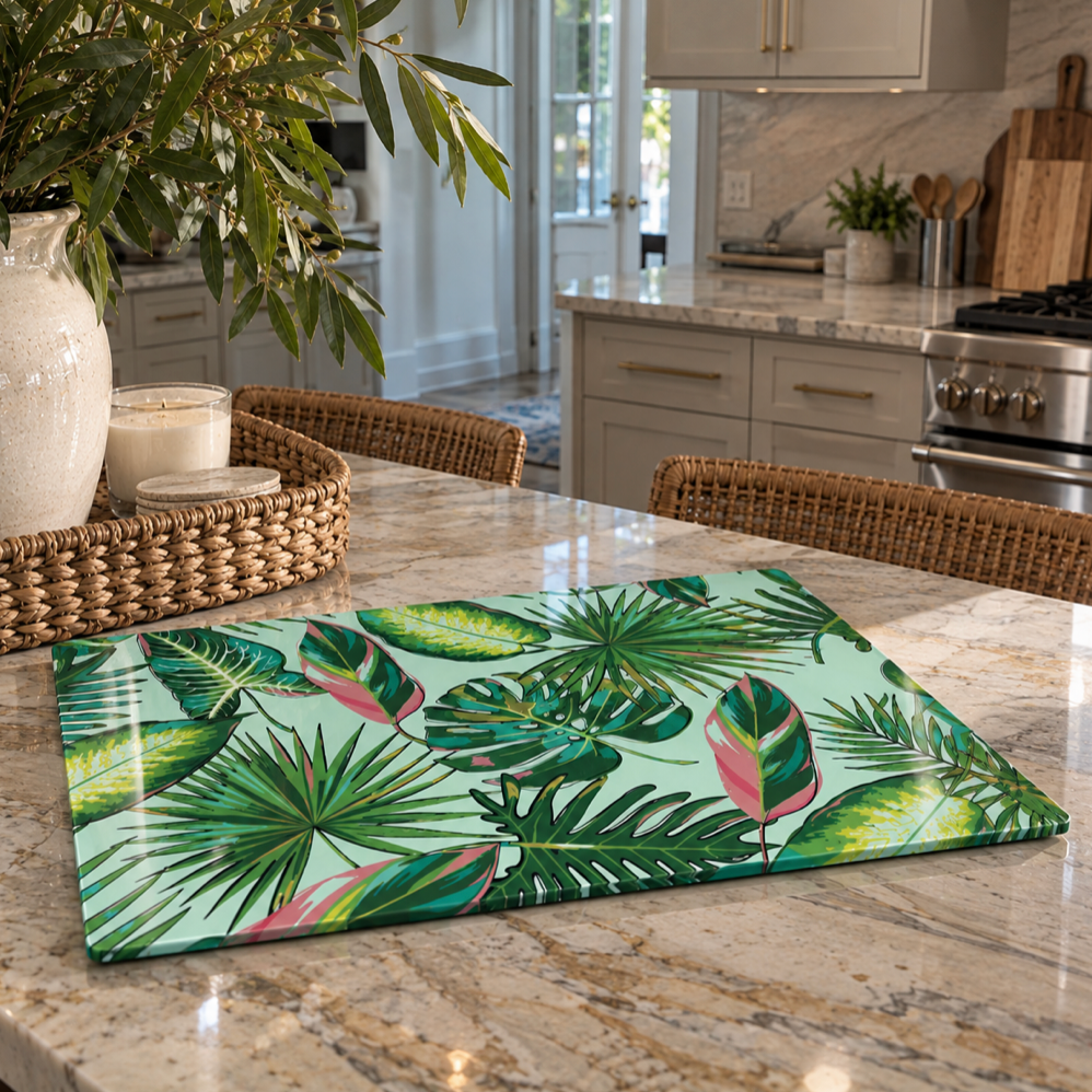 Tropical palm leaf glass cutting board for kitchen decor