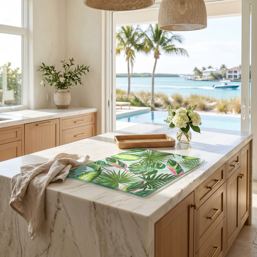 Rectangular tempered glass cutting board with green tropical palm leaf print styled in a beach house kitchen