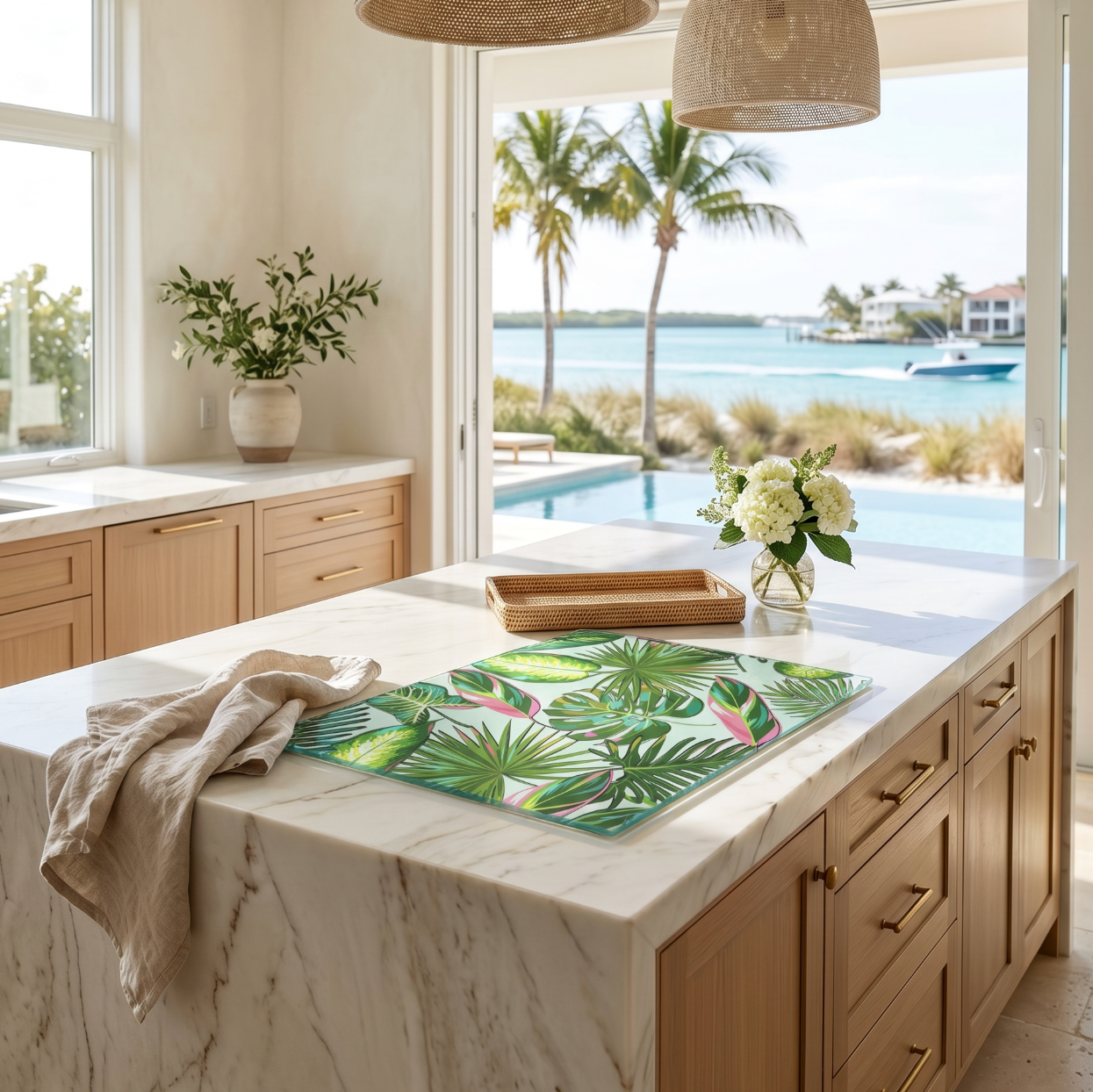 Rectangular tempered glass cutting board with green tropical palm leaf print styled in a beach house kitchen