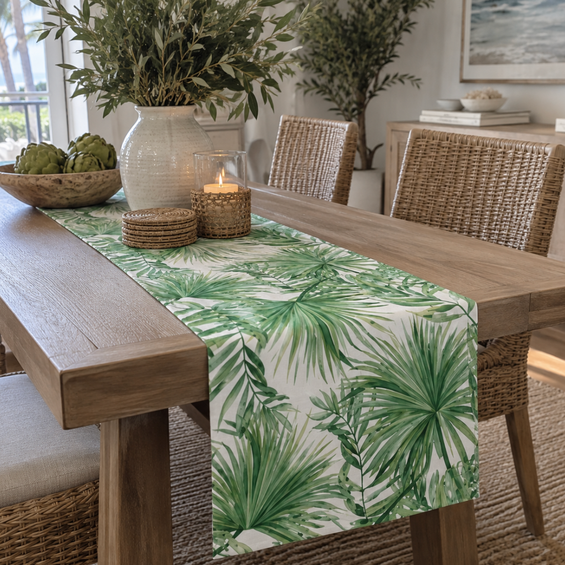 Tropical green and white palm print table runner for beach house dining décor