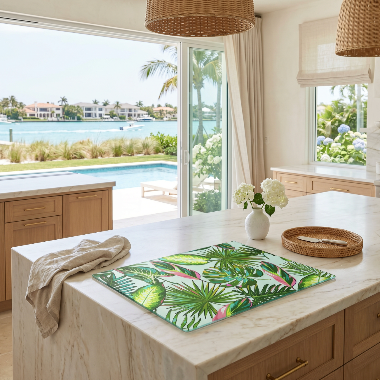 Green palm leaf glass serving board used as a beach house cheese board for casual tropical entertaining