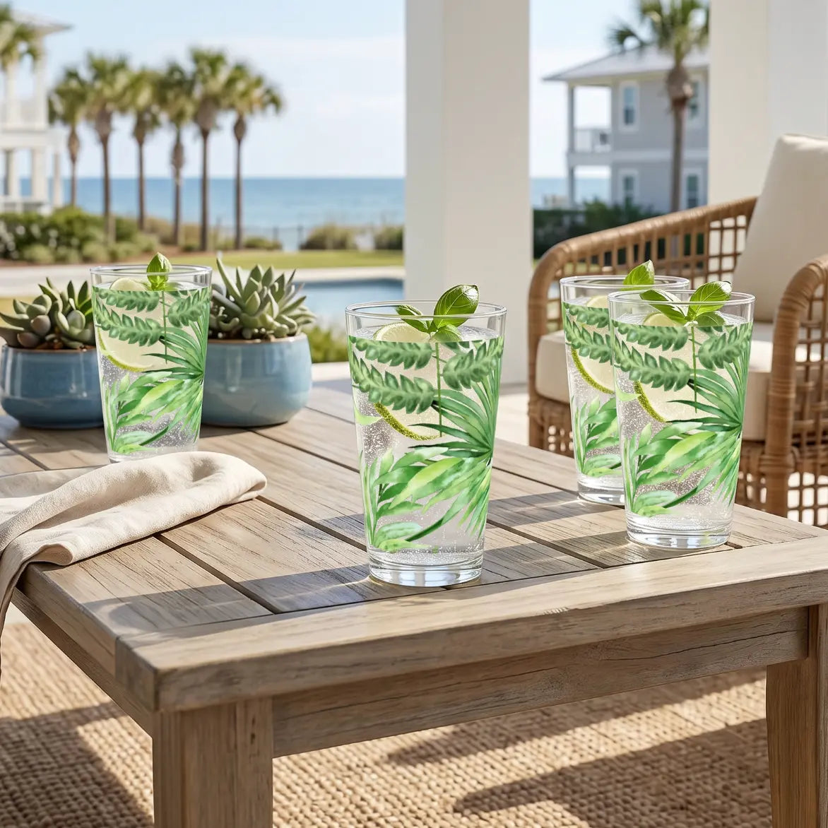 Tropical palm tree drinking glass set, clear glasses for beach-themed cocktails.
