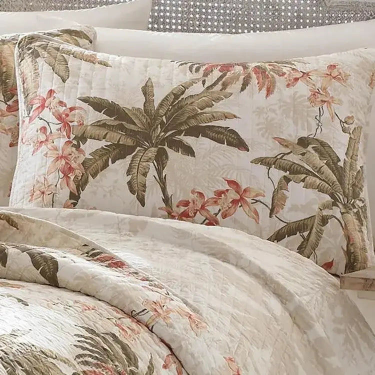 King cotton coastal palm tree and floral quilt set, 3 piece reversible bedding