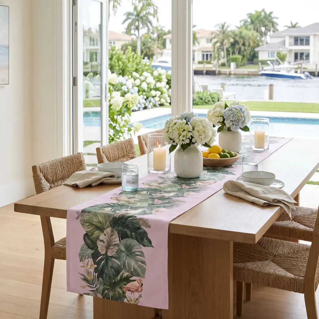 Tropical pink botanical table runner creating a colorful summer tablescape with simple place settings