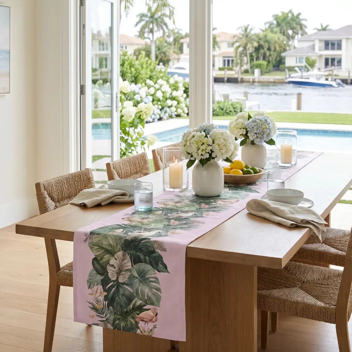 Tropical pink botanical table runner creating a colorful summer tablescape with simple place settings