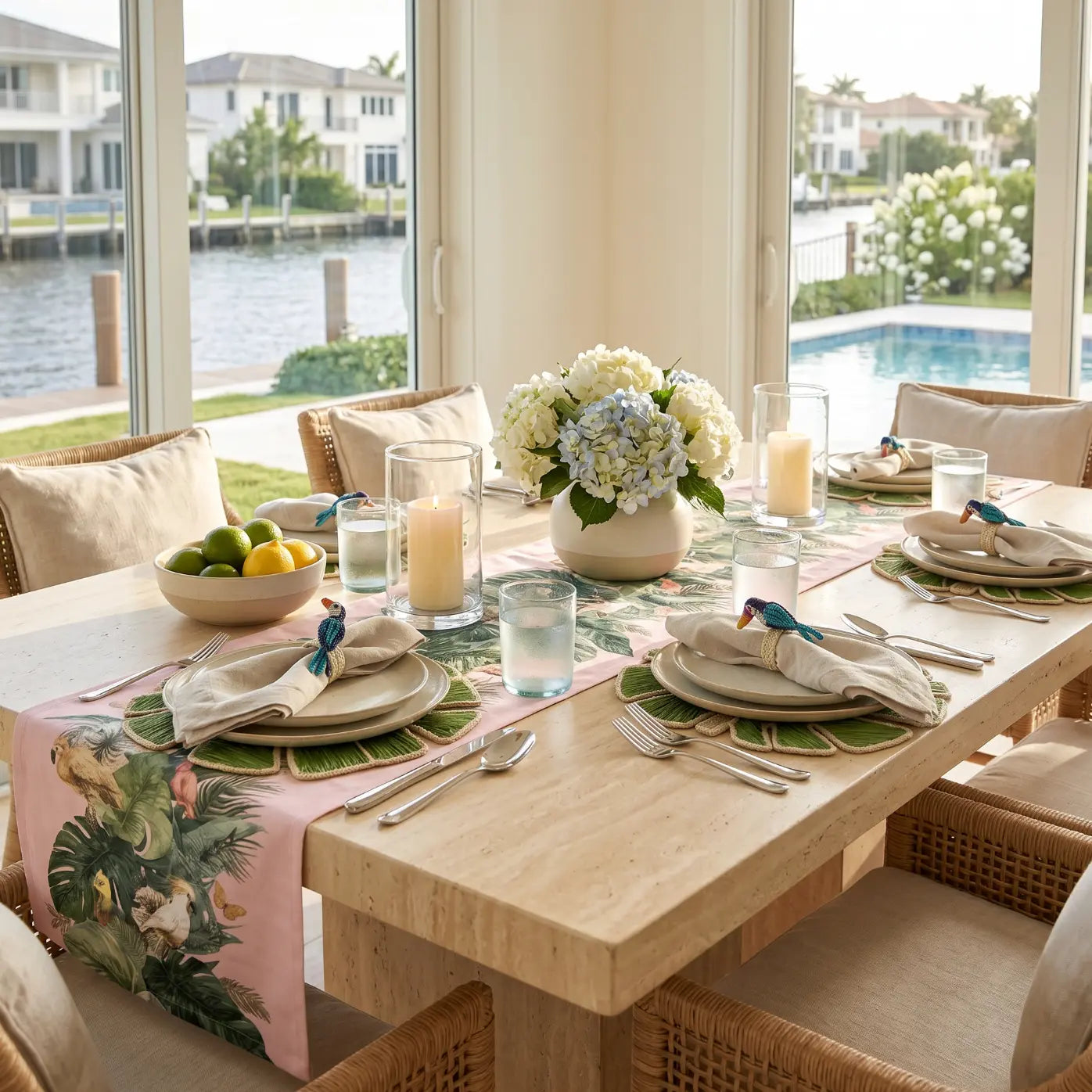 Tropical pink botanical floral table runner styled on a light wood table in a beach house