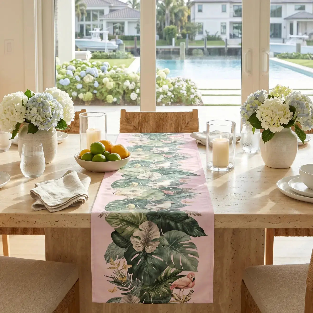 Tropical pink botanical table runner on a coastal dining table with white dinnerware