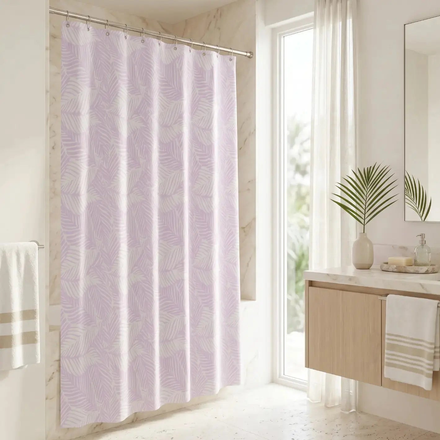 Blush pink palm leaf shower curtain for coastal bathroom decor
