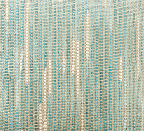 Bright aqua and turquoise woven stripe pillow offering playful color and woven texture in living rooms.