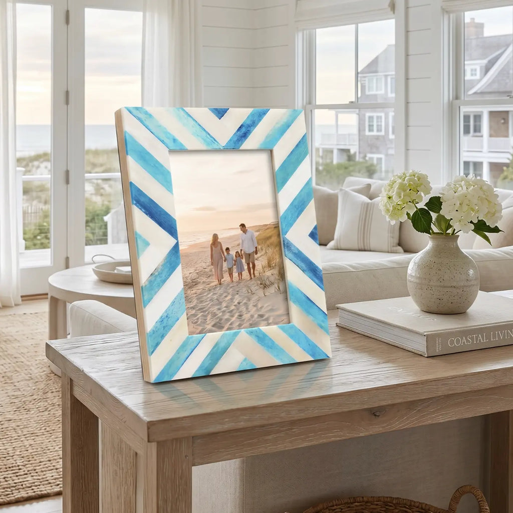 turquoise bone inlay chevron picture frame holding 4x6 photo