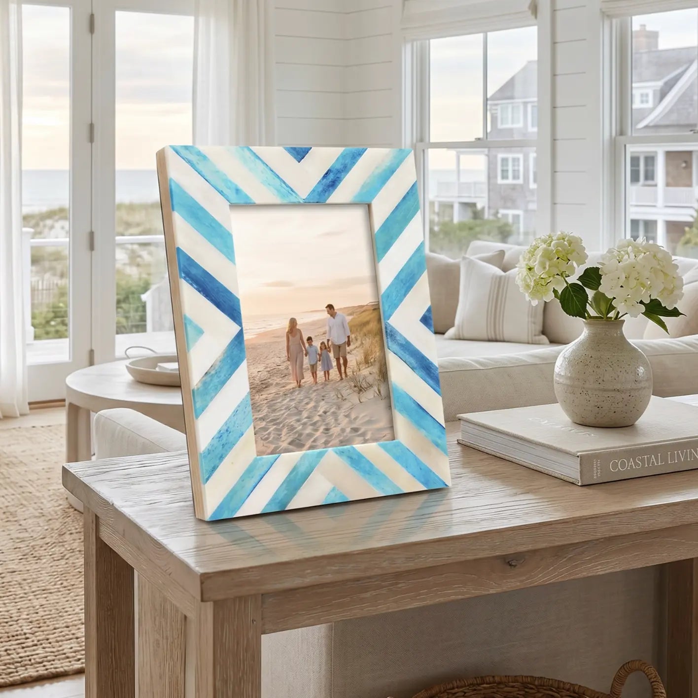 turquoise bone inlay chevron picture frame holding 4x6 photo