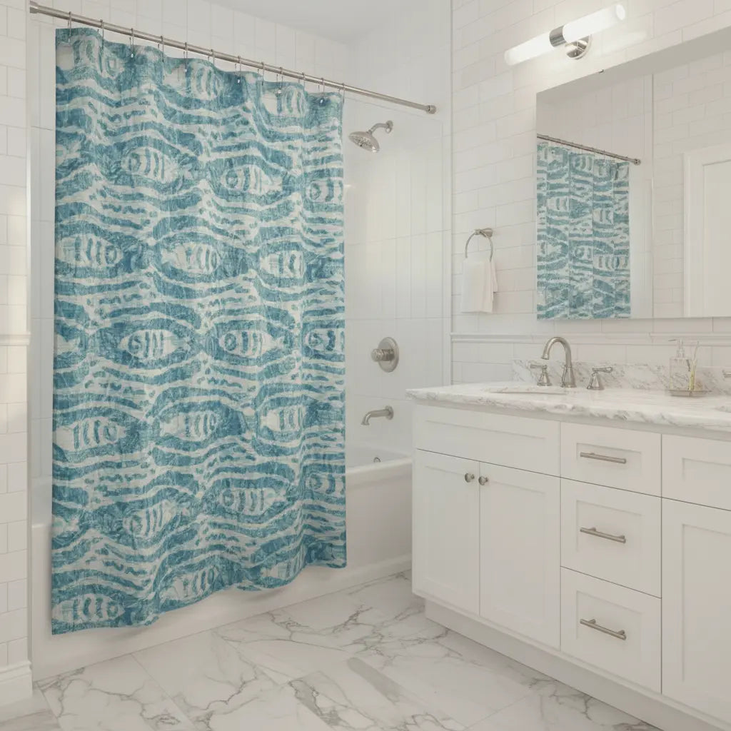 Ocean-inspired shower curtain with blue fish design