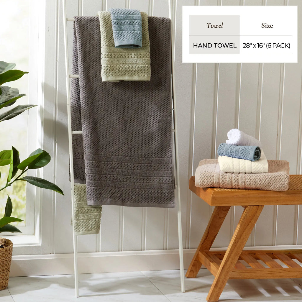 Bath towel set by Great Bay Home Giuliana Collection; 100% cotton checkered jacquard in gray/beige with blue accents.