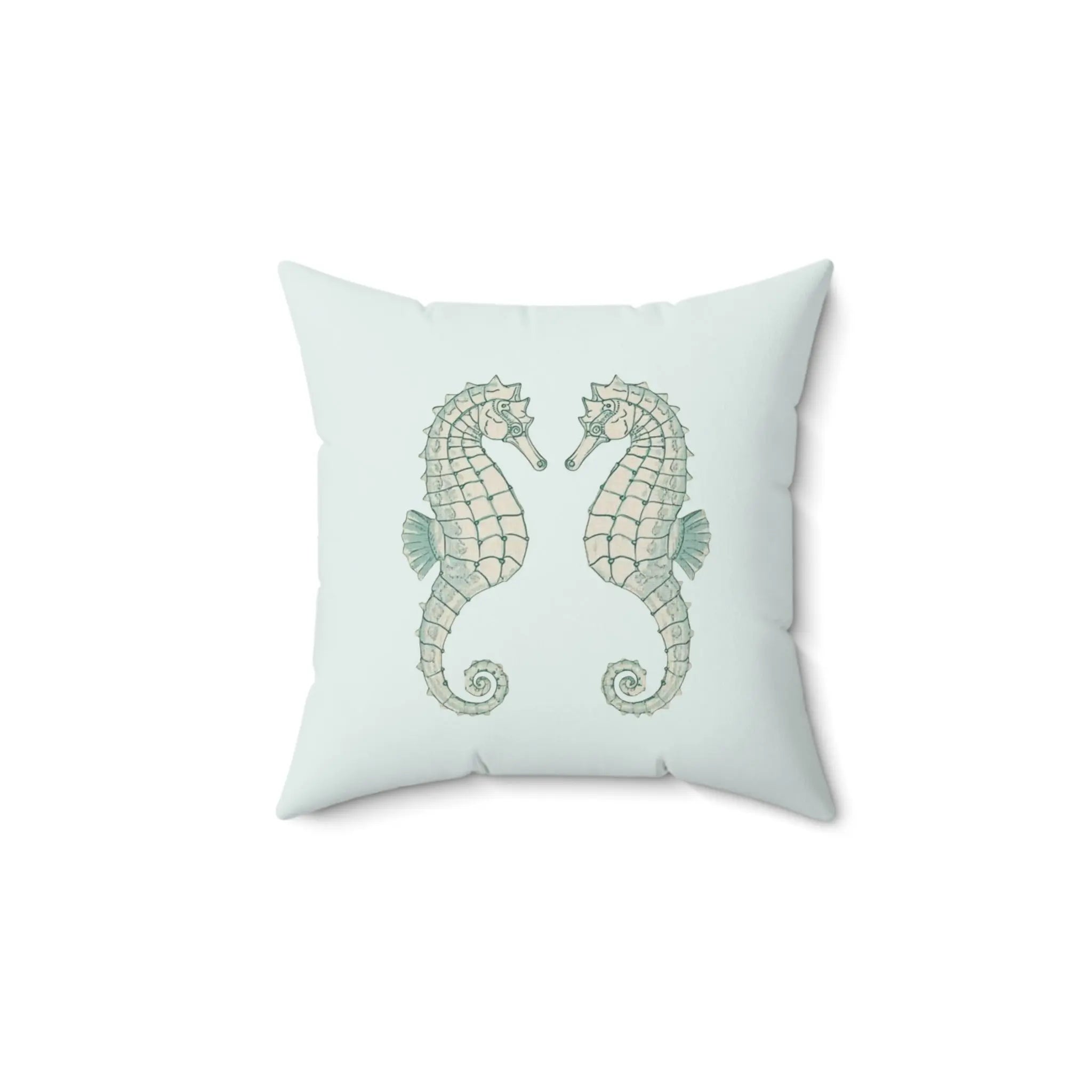 Twin Seahorse Throw Pillow featuring two illustrated seahorses facing each other on pale aqua background
