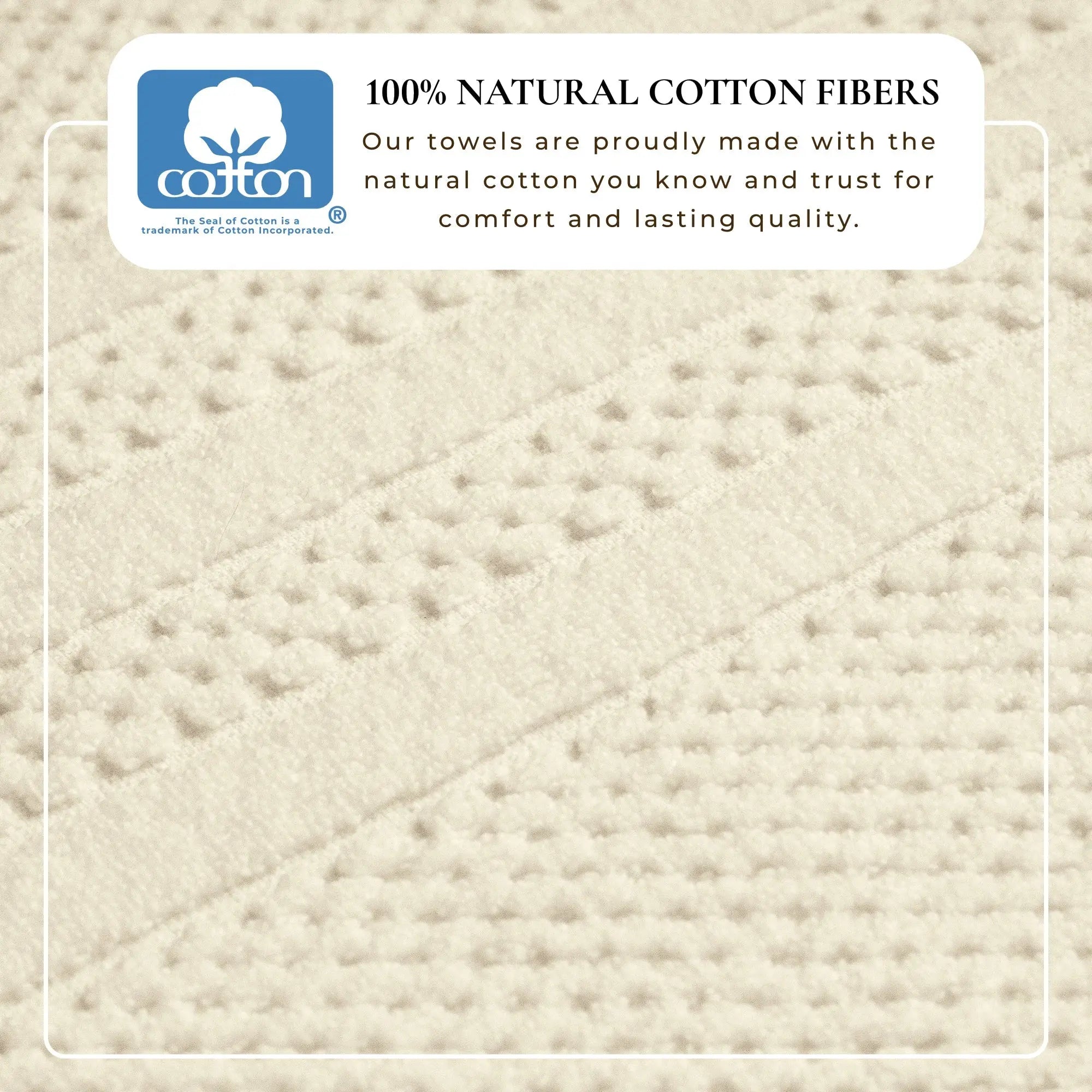 100% Cotton Checkered Jacquard bath towel set in cream with close-up fabric texture and cotton fibers label.