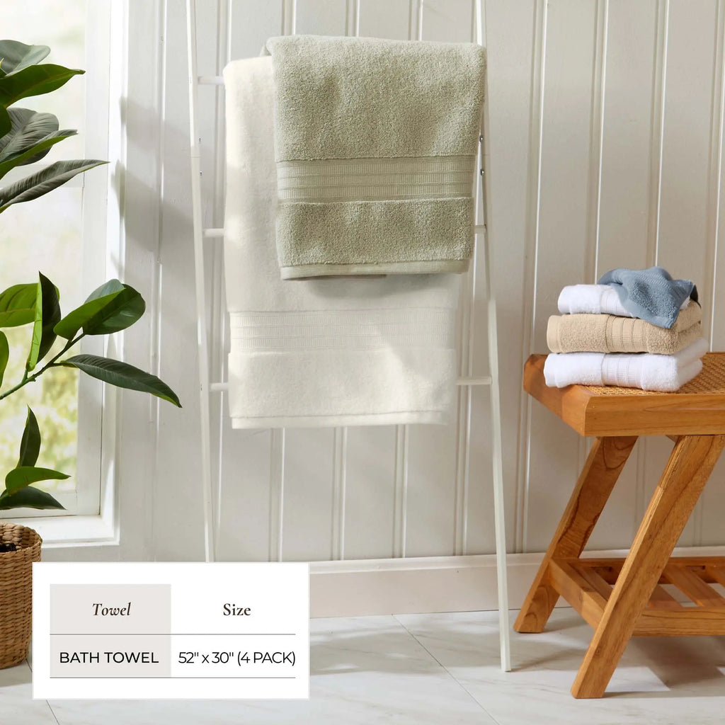 100% cotton bath towel set, Chiara Collection by Great Bay Home, white and sage towels on a rack