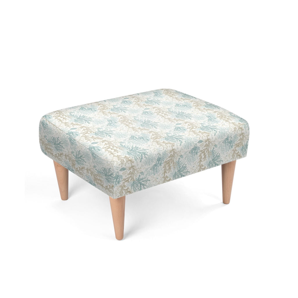 Blue and neutral sea-life patterned footstool bench for coastal cottage, nautical, or transitional décor.