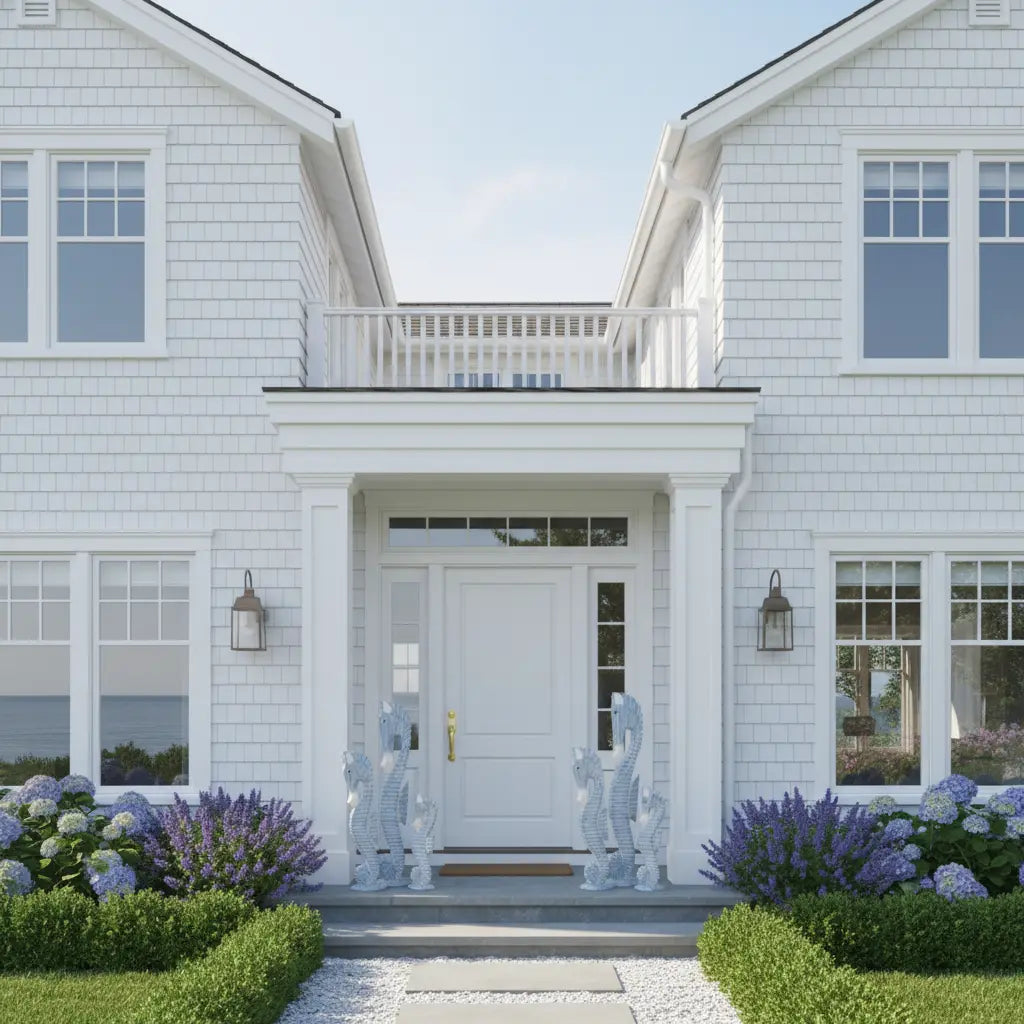 Hand-Carved Seahorse Coastal Wood Sculpture in Ocean Blue on steps by a white coastal home's entrance.