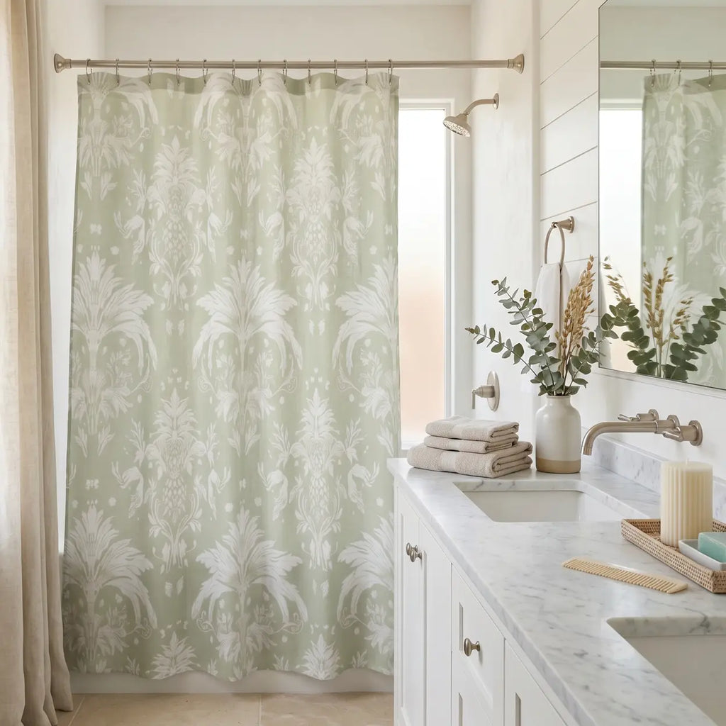 Vintage-inspired damask shower curtain adding soft textile warmth to a spa-like bathroom