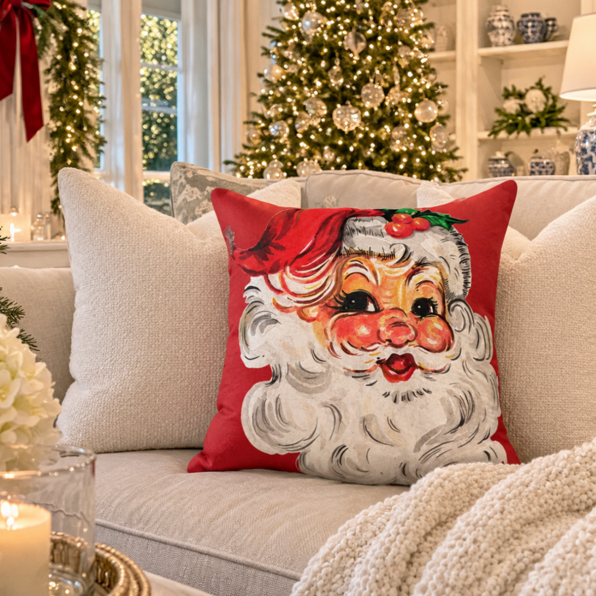 Vintage Santa Claus decorative pillow for a classic Christmas-inspired interior.