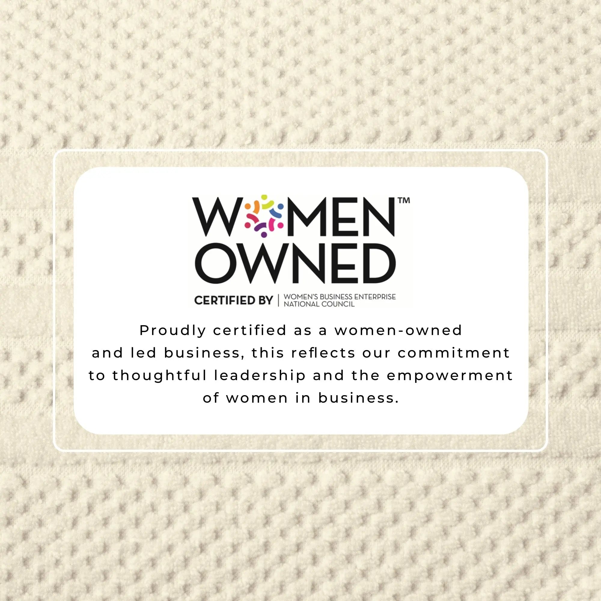 Bath towel set, 100% cotton checkered jacquard, beige textured background with Women Owned certification badge