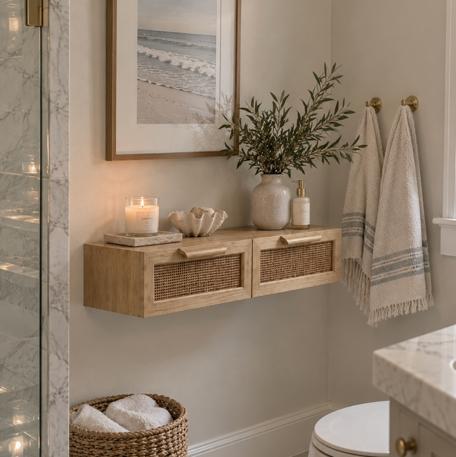 Wall-mounted rattan entryway console with woven cane drawer fronts for a coastal foyer