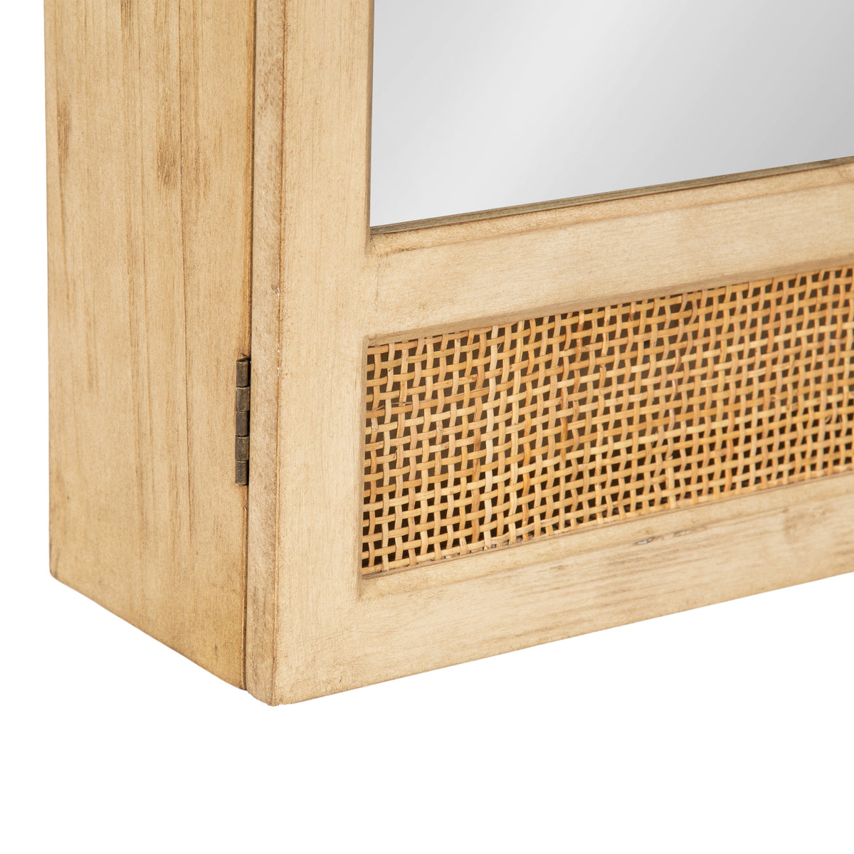 Wall-mounted rattan medicine cabinet with a mirrored door and woven cane accent panel