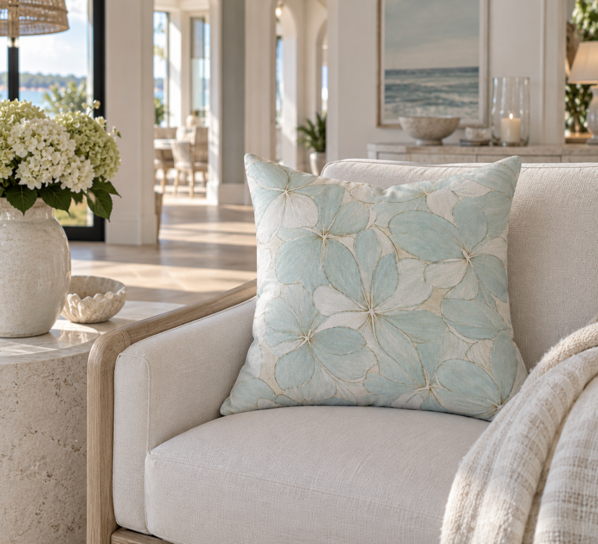 Watercolor-style blue hydrangea throw pillow for a serene coastal sofa or bed