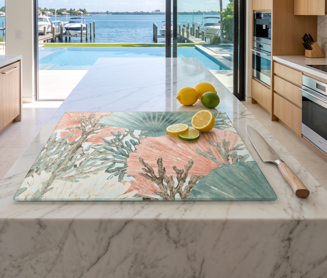 Watercolor coral and palm glass cutting board used for slicing citrus in a seaside home kitchen.