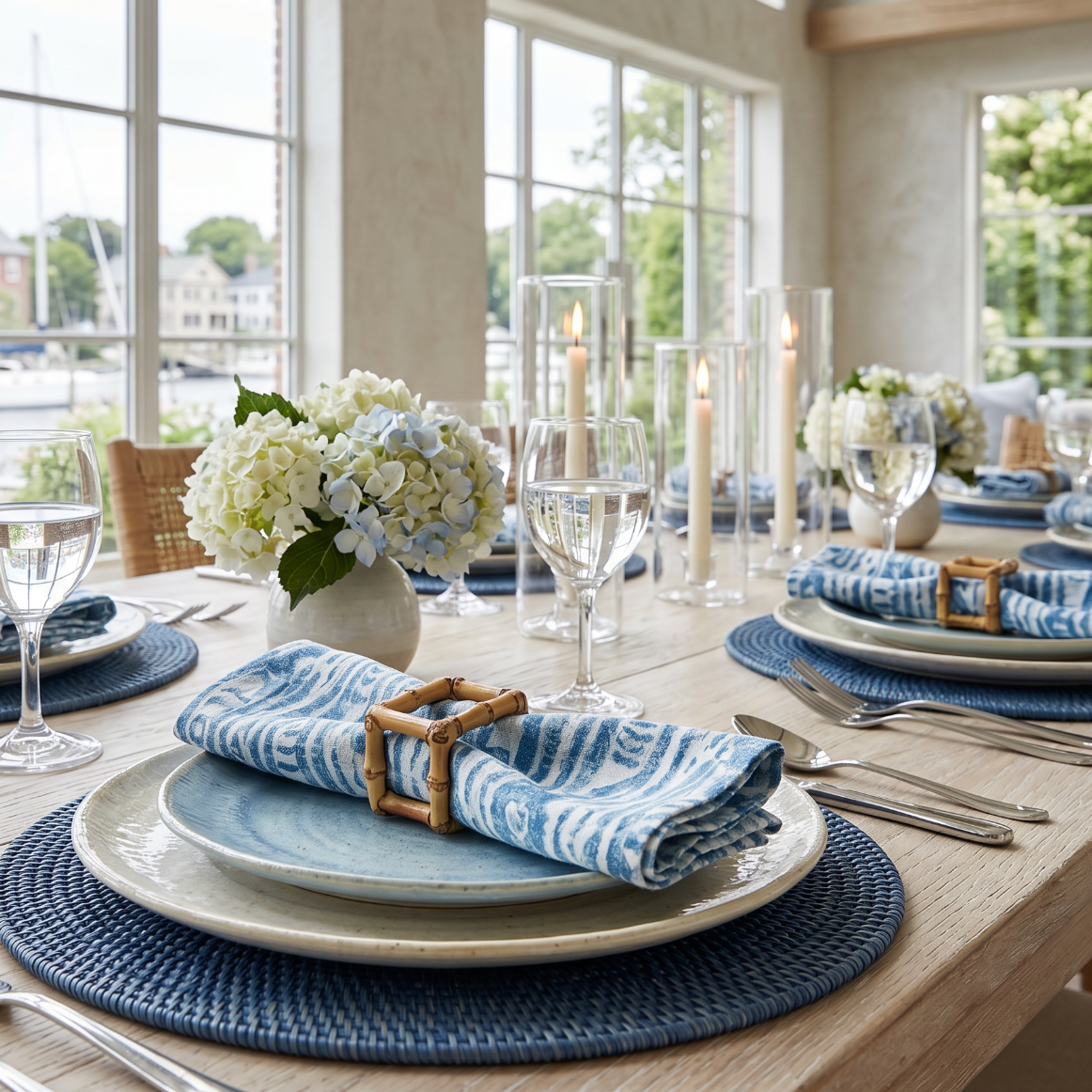 Fish motif linen dinner napkins, set of 4, perfect for coastal and nautical table decor.