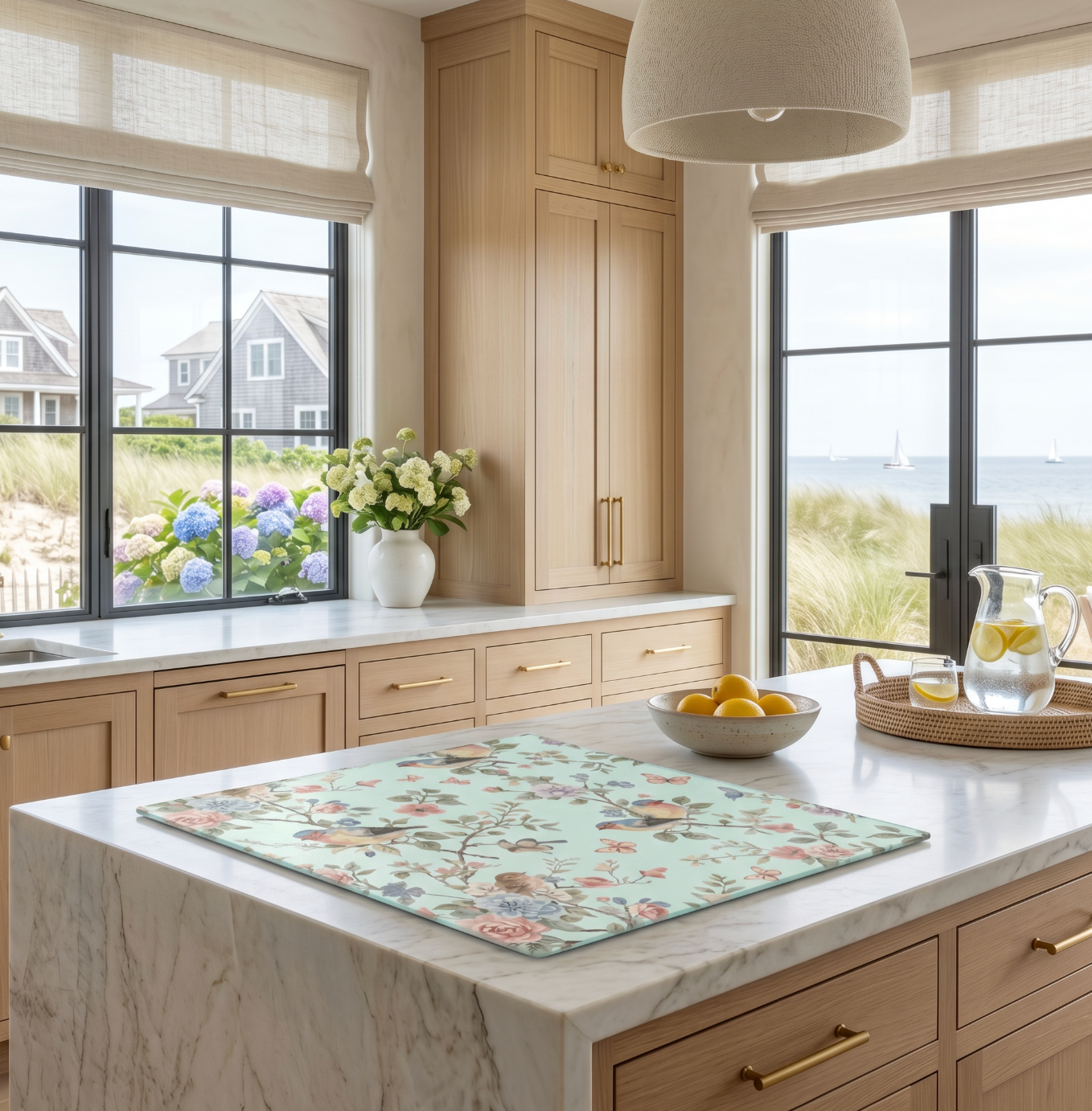 Rectangular glass cutting board with floral songbird design styled in a cottagecore kitchen.