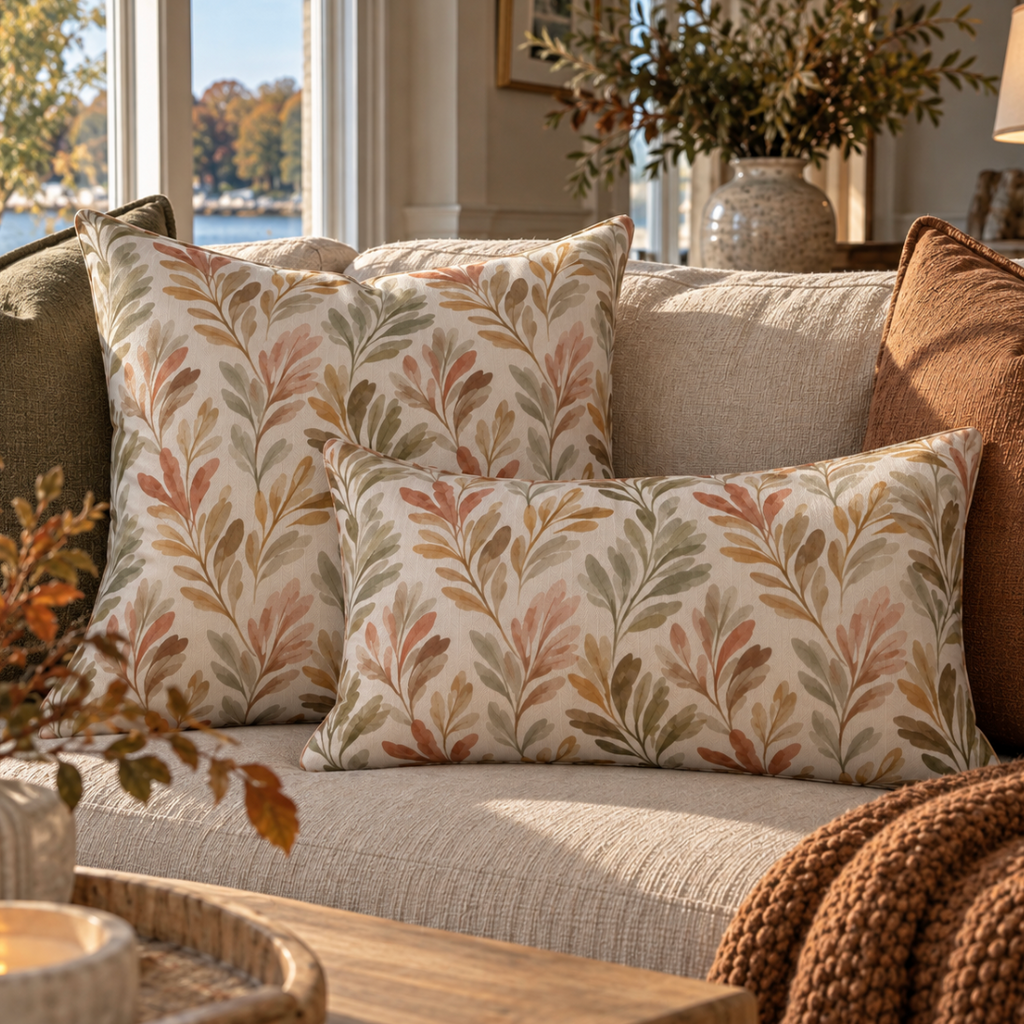 Elegant botanical pillow with soft green and rose leaves beside French doors