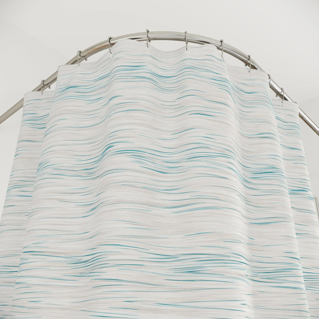 Coastal Breeze Shower Curtain with pale blue watercolor ripples on white polyester fabric.