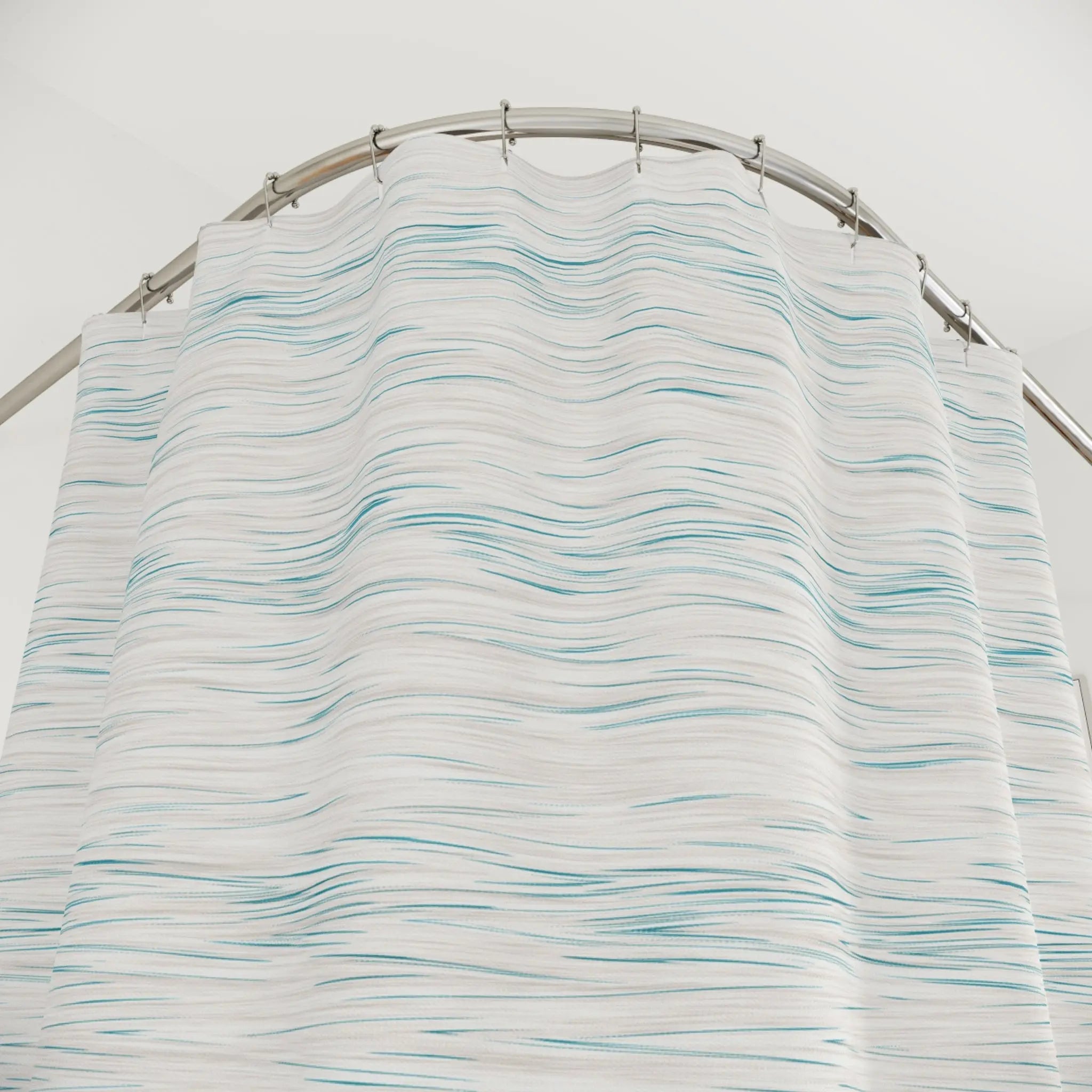 Coastal Breeze Shower Curtain with pale blue watercolor ripples on white polyester fabric.