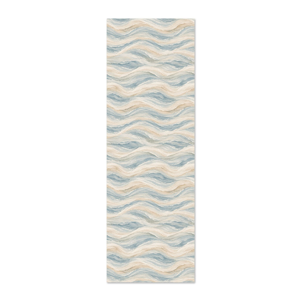 Classic coastal wallpaper design with layered blue gray waves and creamy ivory accents.