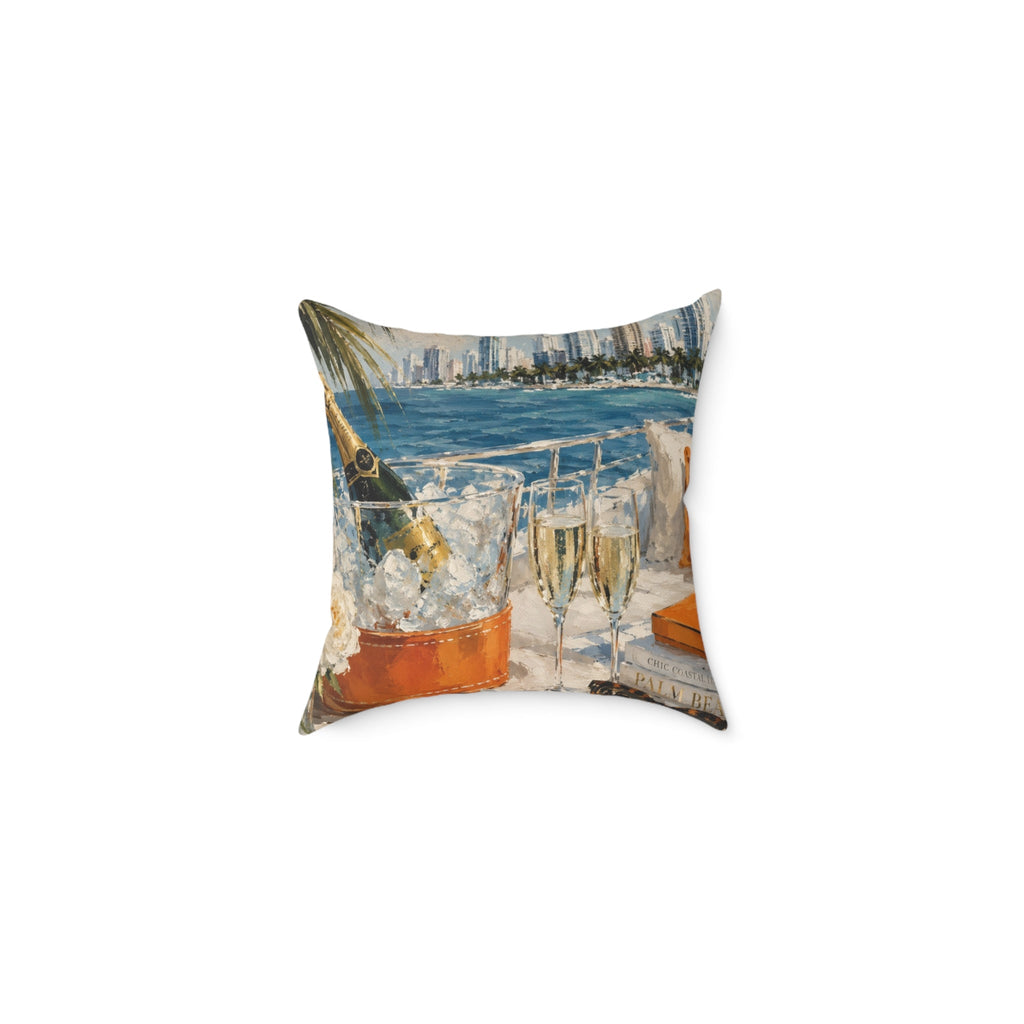 Waterfront yacht champagne scene throw pillow designed for modern coastal interiors.