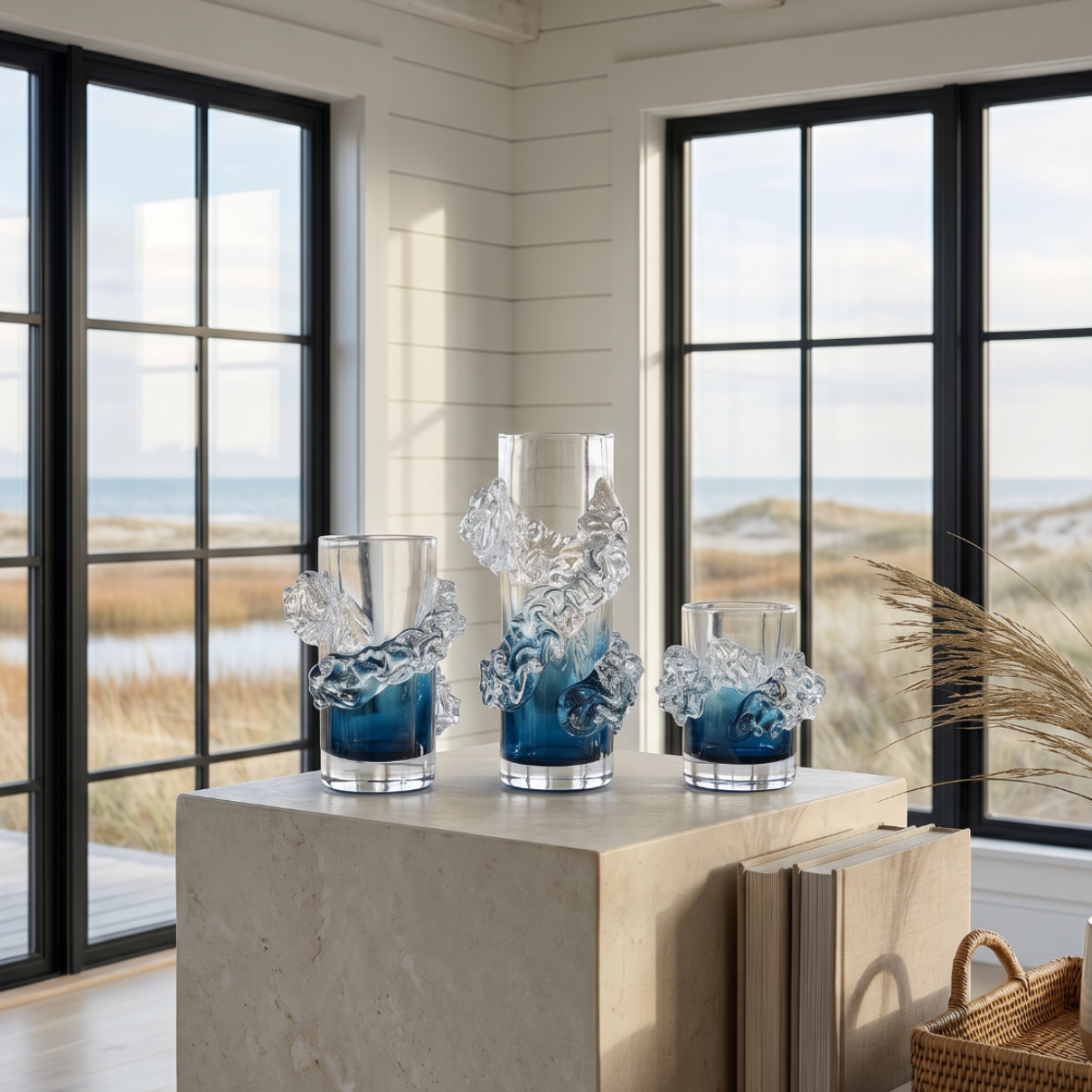 Wavy blue and clear glass vase used as a coastal modern centerpiece on a dining table